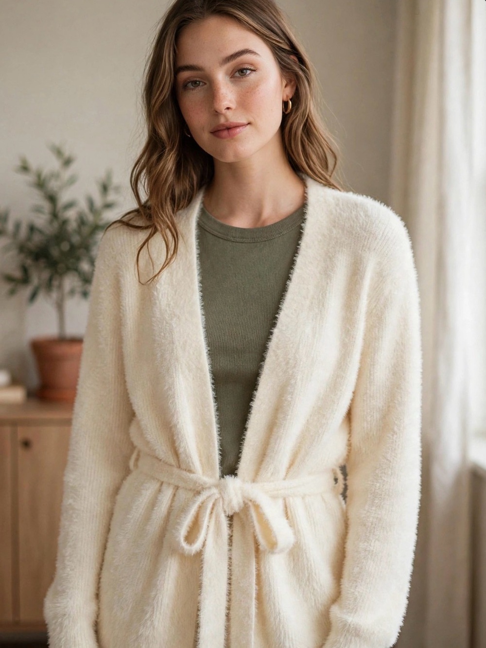 Express Cozy Plush Tie-Waist Robe Cardigan - Cream